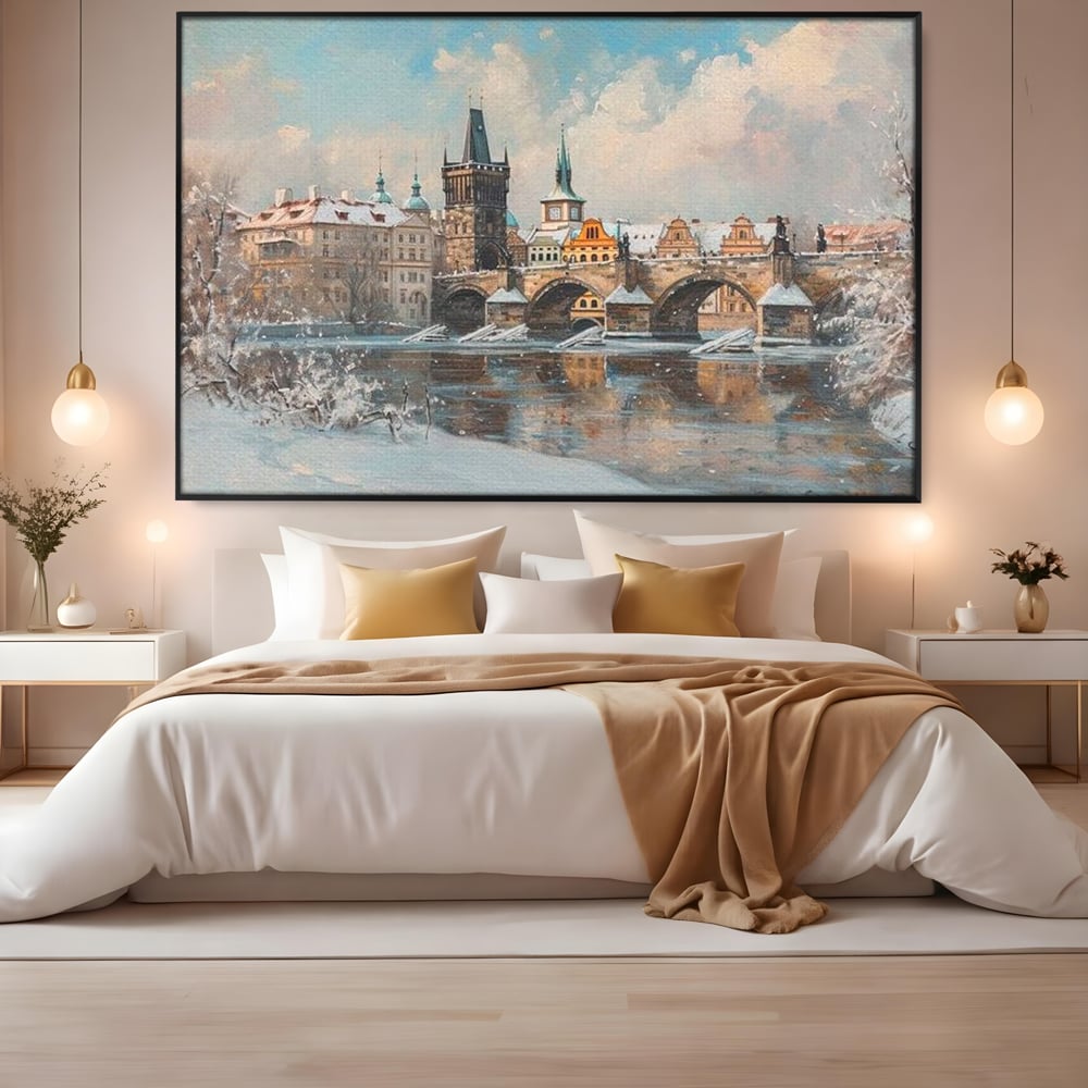 Tablou canvas cu pictura cu podul carol din praga iarna, in rama de aluminiu negru, pe perete intr-un dormitor
